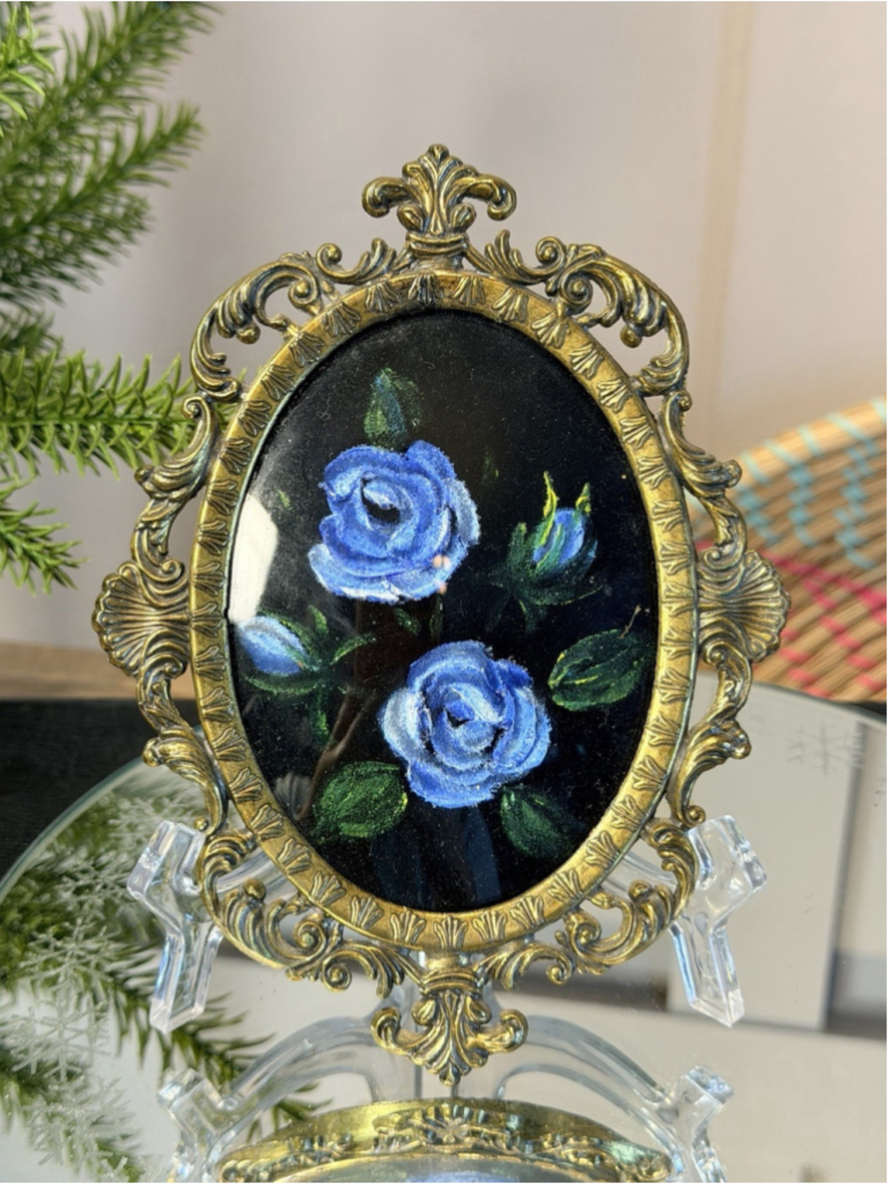 Vntg Small Original Oil Painting Floral Blue Roses Ornate Oval Italy 6.75”